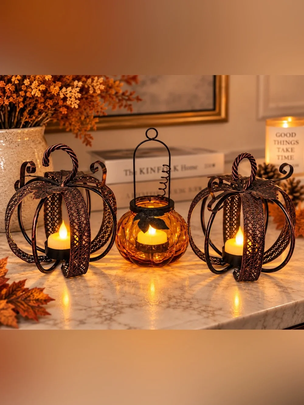 Amber Glass Pumpkin Lantern with Metal Handle - Home Accents
